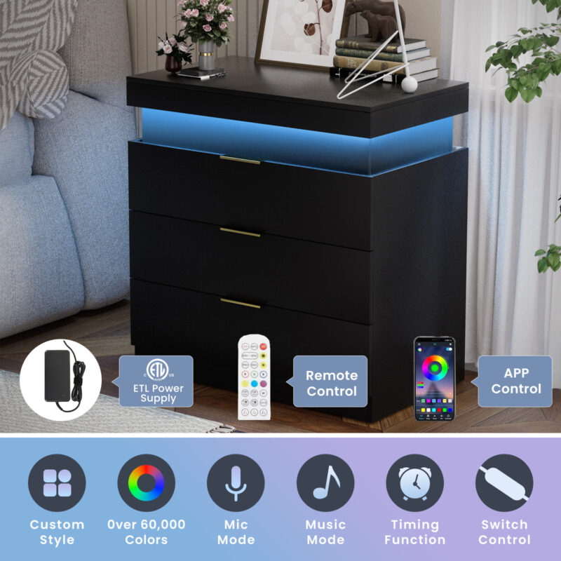 Nightstand with Charging Station and LED Lights,Night Stand with Sliding Top for Bedroom,Bedside Table with Drawers,Modern End Side Table - Image 4