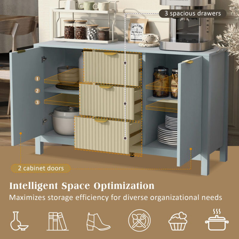 U_STYLE Sideboard with Wave Design - 3 Adjustable Shelves, 3 Drawers & Soft-Close Doors, Storage Console Table with Metal Handles, Suitable for Study, Hallway and Living Room - Image 2