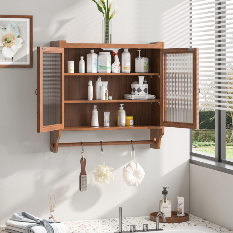 24.8"Glass Door Vintage Double Door Wall Cabinet with Three Tiers of Storage with Towel Rack, for Bathroom, Kitchen,Dining Room - Image 2