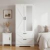 2 Door Wood Wardrobe for Bedroom with Hanging Clothing Rod inside the Cabinet and 2 Drawers for Storage Organization, Built-in induction light Multifunctional Closet with Mirror