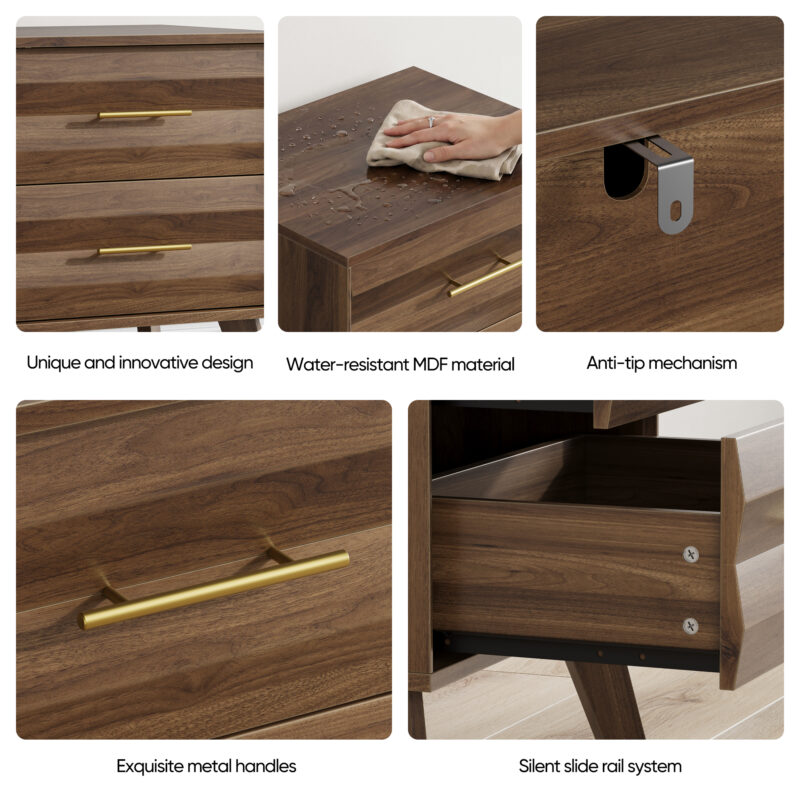 Walnut-colored double drawer bedside table, medieval-style modern bedroom bedside storage cabinet, bedside table with metal handles - Image 4