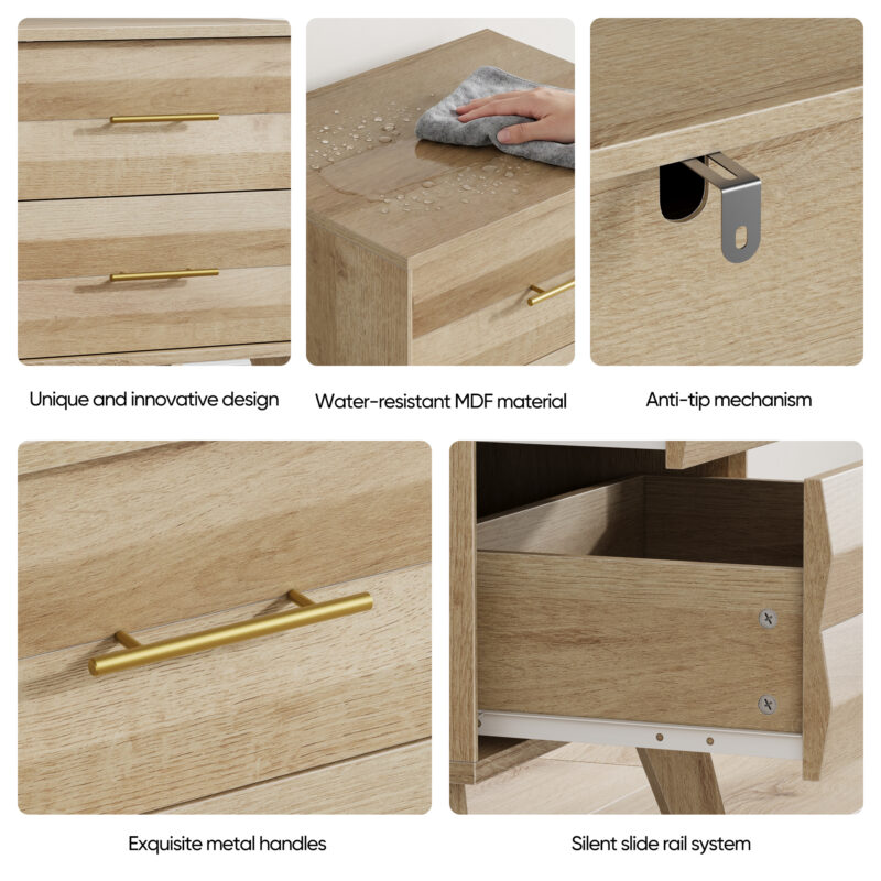 Walnut-colored double drawer bedside table, medieval-style modern bedroom bedside storage cabinet, bedside table with metal handles - Image 11