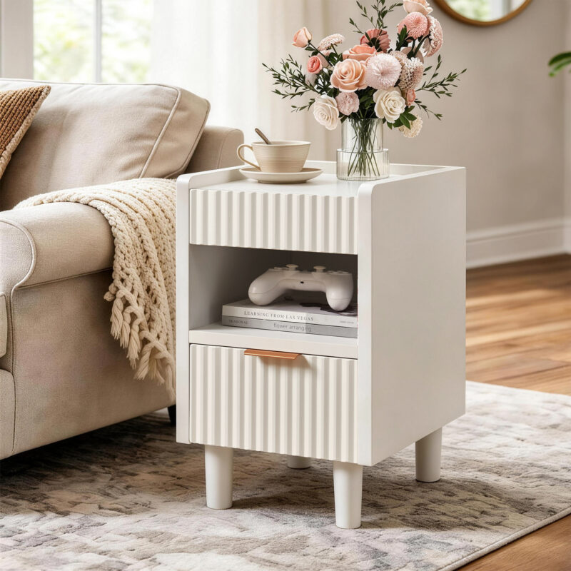White Fluted Wood Nightstands with Drawer and Open Storage, 2 Pack Modern Bedroom Bedside Side End Tables for Living Room Home Decor - Image 2
