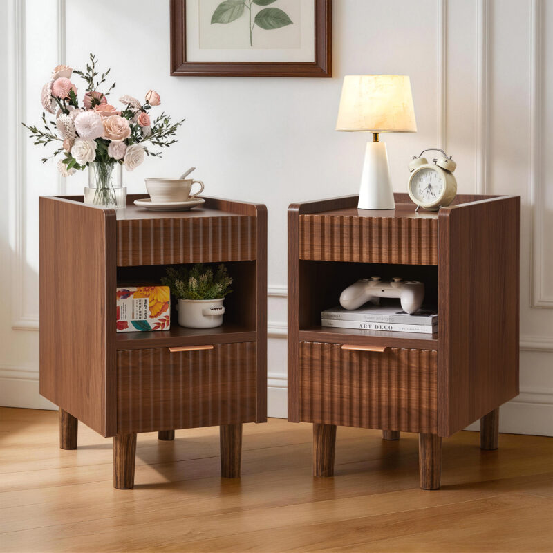 White Fluted Wood Nightstands with Drawer and Open Storage, 2 Pack Modern Bedroom Bedside Side End Tables for Living Room Home Decor - Image 12