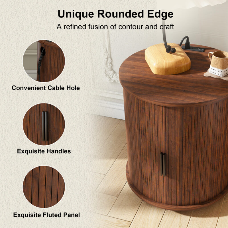 Mid Century Modern Cylinder End Table with Built-in Charging Station & Sliding Door, 2-Tier Storage Round Nightstand with USB Ports, Walnut Bedside Table for Living Room, Bedroom, Entryway - Image 5
