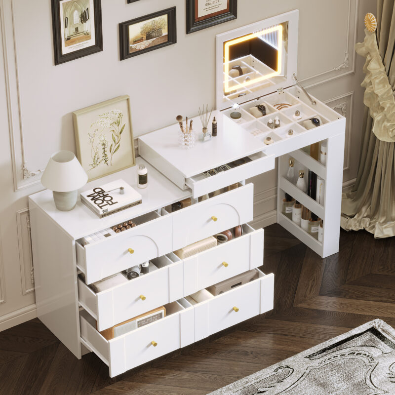 Vanity Desk with Mirror and Lights, Makeup Vanity Table with Flip-Top Tabletop and Storage 7 Drawers, 9 Compartments, 3 Shelves, 3 Color Modes Adjustable Makeup Table for Bedroom - Image 10