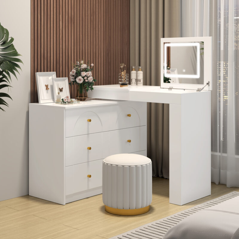 Vanity Desk with Mirror and Lights, Makeup Vanity Table with Flip-Top Tabletop and Storage 7 Drawers, 9 Compartments, 3 Shelves, 3 Color Modes Adjustable Makeup Table for Bedroom - Image 11