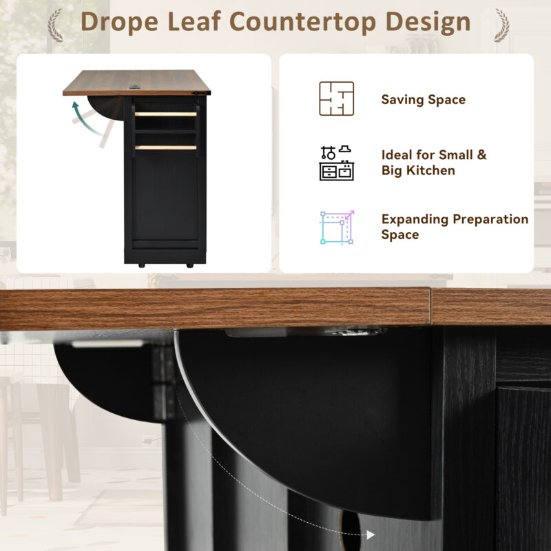 K&K 53.7" Farmhouse Kitchen Island with Power Outlet, 2 Sliding Barn Door Kitchen Storage Island with Drop Leaf, Spice Rack Rolling Kitchen Cart on Wheels, for Home, Kitchen and Dining Room - Image 20