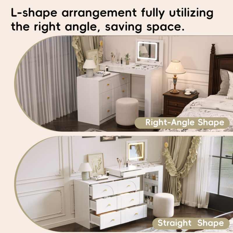 Vanity Desk with Mirror and Lights, Makeup Vanity Table with Flip-Top Tabletop and Storage 7 Drawers, 9 Compartments, 3 Shelves, 3 Color Modes Adjustable Makeup Table for Bedroom - Image 12
