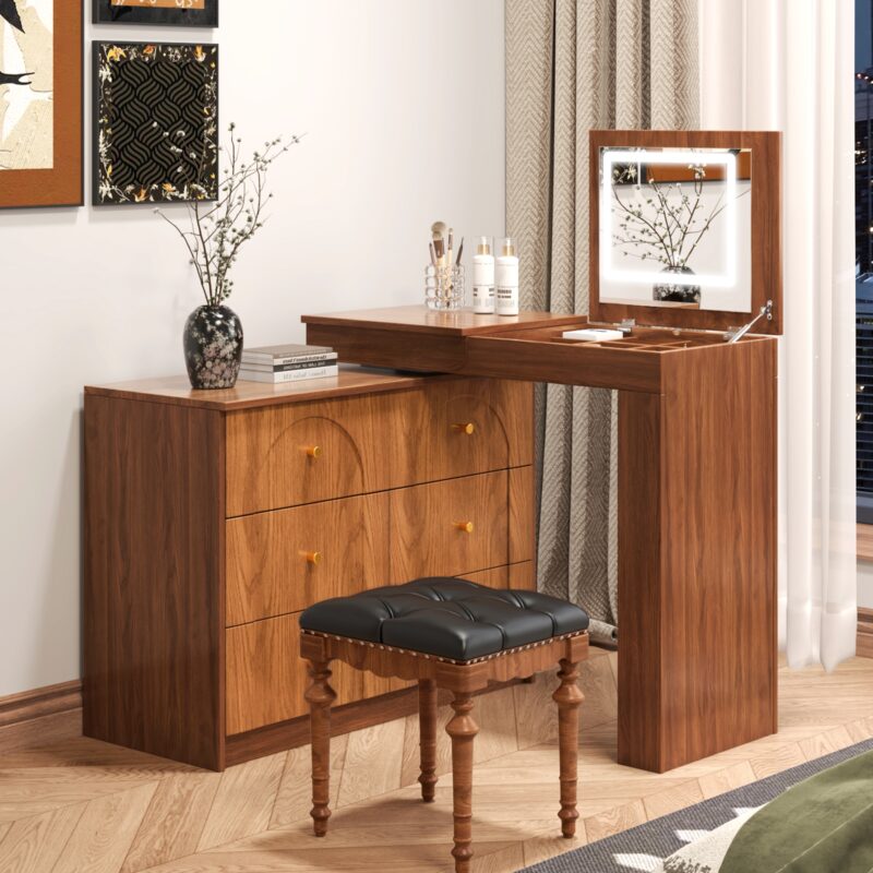 Vanity Desk with Mirror and Lights, Makeup Vanity Table with Flip-Top Tabletop and Storage 7 Drawers, 9 Compartments, 3 Shelves, 3 Color Modes Adjustable Makeup Table for Bedroom - Image 4