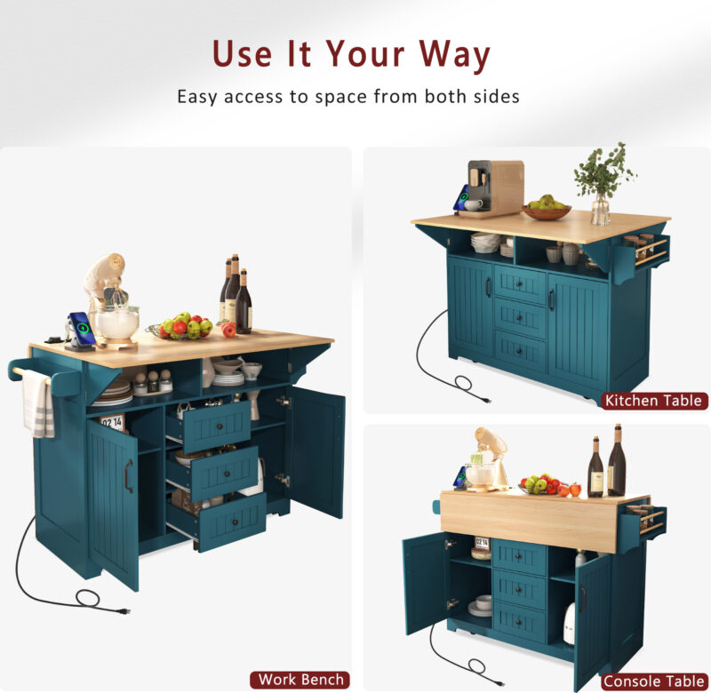 K&K 55.7'' Large Kitchen Island with 2 Drop Leaf,, Rolling Kitchen Cart on 5 Wheels with Power Outlet, Folding Storage Dining Table with Spice & Towel Rack , 3 Drawers, for Kitchen, Dining Room - Image 7