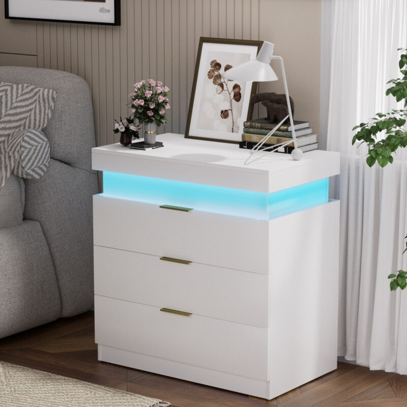 Nightstand with Charging Station and LED Lights,Night Stand with Sliding Top for Bedroom,Bedside Table with Drawers,Modern End Side Table - Image 13