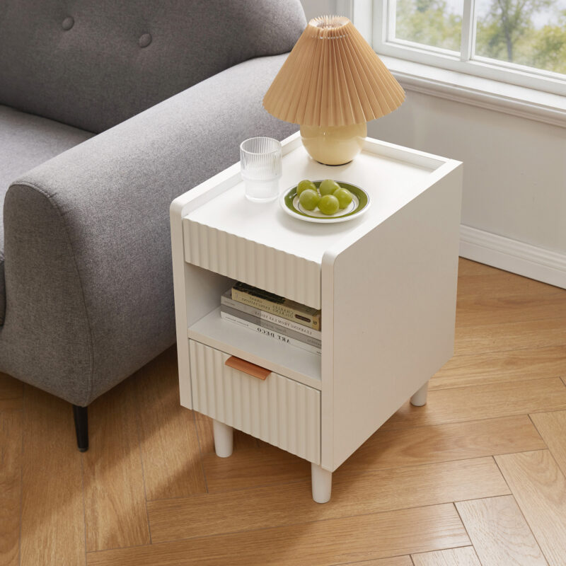 White Fluted Wood Nightstands with Drawer and Open Storage, 2 Pack Modern Bedroom Bedside Side End Tables for Living Room Home Decor - Image 3