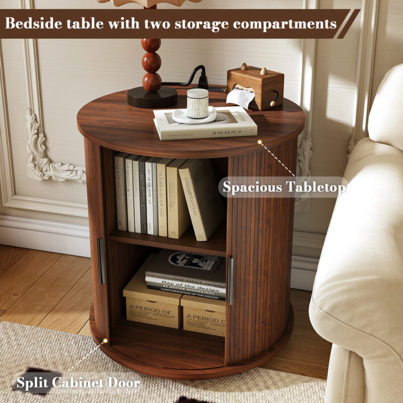 Mid Century Modern Cylinder End Table with Built-in Charging Station & Sliding Door, 2-Tier Storage Round Nightstand with USB Ports, Walnut Bedside Table for Living Room, Bedroom, Entryway - Image 4