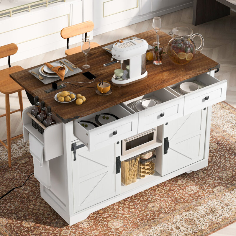 K&K 53.7" Farmhouse Kitchen Island with Power Outlet, 2 Sliding Barn Door Kitchen Storage Island with Drop Leaf, Spice Rack Rolling Kitchen Cart on Wheels, for Home, Kitchen and Dining Room - Image 4