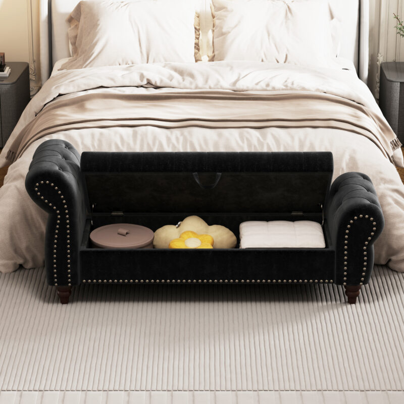 64.5" Bed Bench for Bed Room Nails Tufted Chaise of Lounge with Storage Velvet Upholstery Black - Image 5