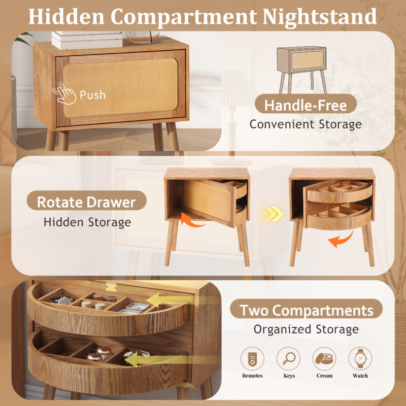 Rotating Hidden Compartment Nightstands, Mid Century Modern Concealment Furniture, Rattan Bed Side Table, Compartment End Table with Wood Legs, Bedside Tables for Bedroom, Living Room, Dorm - Image 3
