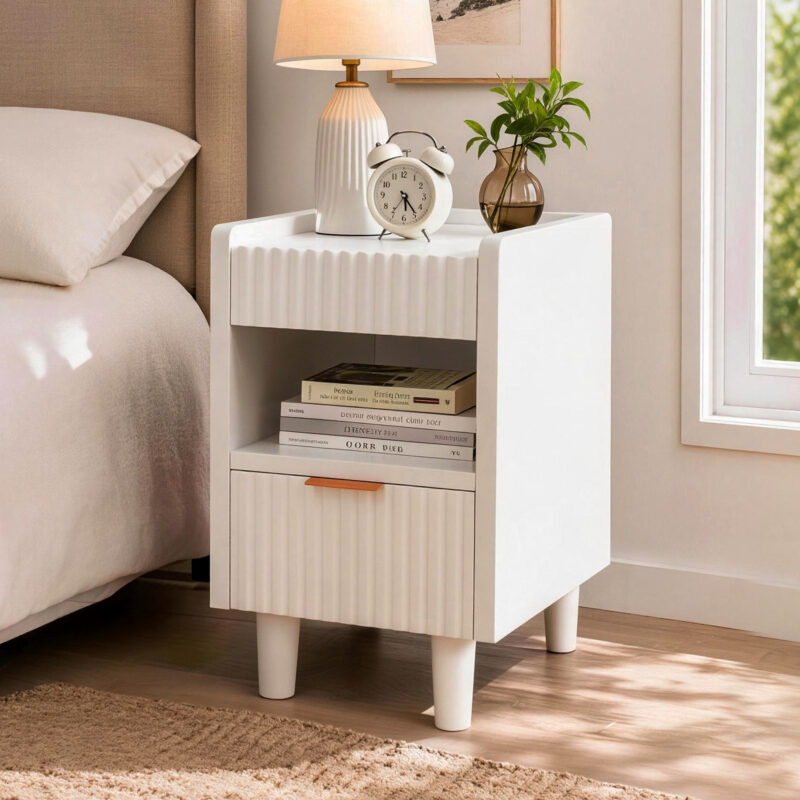White Fluted Wood Nightstands with Drawer and Open Storage, 2 Pack Modern Bedroom Bedside Side End Tables for Living Room Home Decor - Image 11