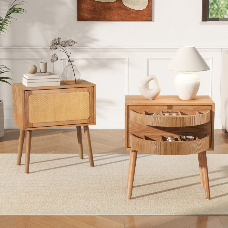 Rotating Hidden Compartment Nightstands, Mid Century Modern Concealment Furniture, Rattan Bed Side Table, Compartment End Table with Wood Legs, Bedside Tables for Bedroom, Living Room, Dorm - Image 7