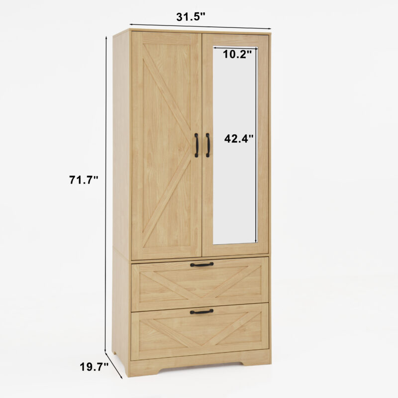 2 Door Wood Wardrobe for Bedroom with Hanging Clothing Rod inside the Cabinet and 2 Drawers for Storage Organization, Built-in induction light Multifunctional Closet with Mirror - Image 17