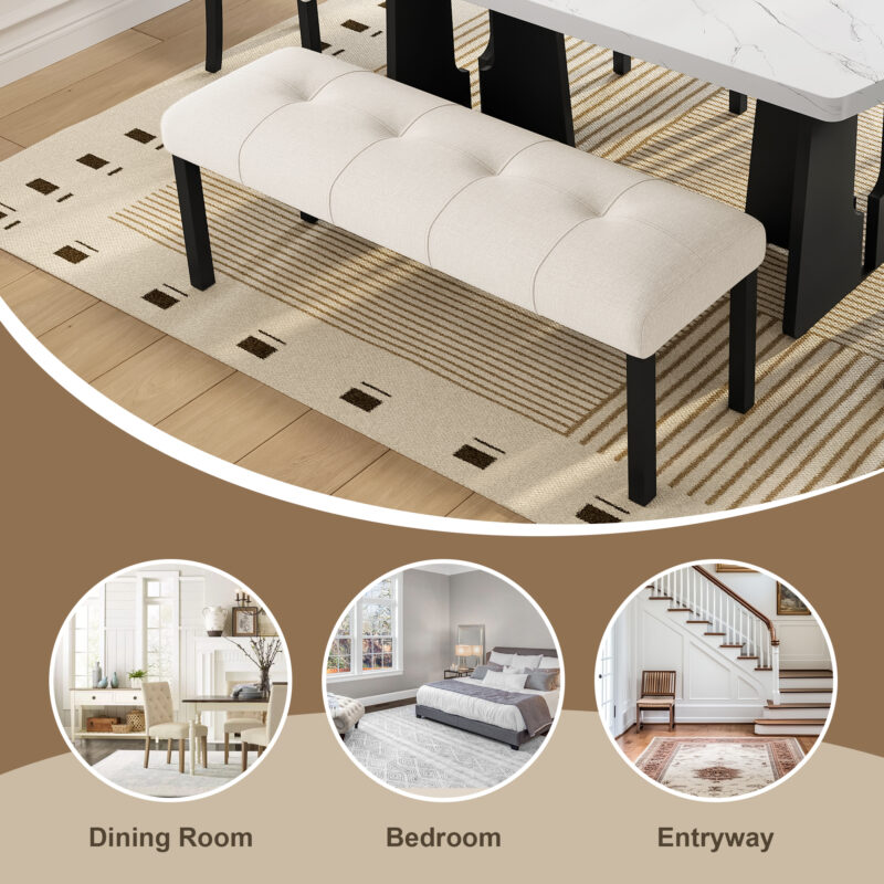 Modern Tufted Linen Dining Bench, Farmhouse Upholstered Entryway Bench with Black Rubber Wood Legs, Versatile for Kitchen, Bedroom, Hallway - Image 10