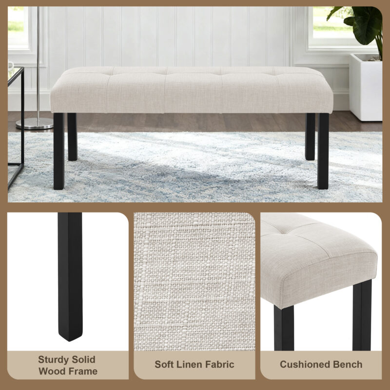 Modern Tufted Linen Dining Bench, Farmhouse Upholstered Entryway Bench with Black Rubber Wood Legs, Versatile for Kitchen, Bedroom, Hallway - Image 11