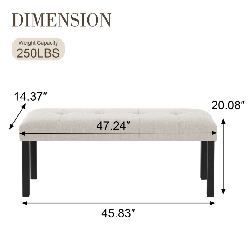 Modern Tufted Linen Dining Bench, Farmhouse Upholstered Entryway Bench with Black Rubber Wood Legs, Versatile for Kitchen, Bedroom, Hallway - Image 12
