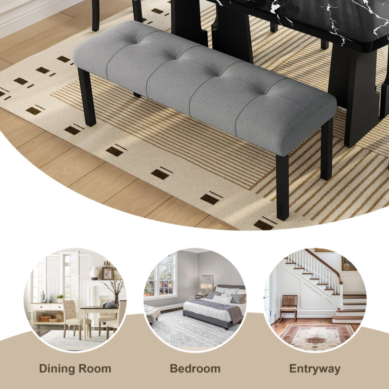 Modern Tufted Linen Dining Bench, Farmhouse Upholstered Entryway Bench with Black Rubber Wood Legs, Versatile for Kitchen, Bedroom, Hallway - Image 2