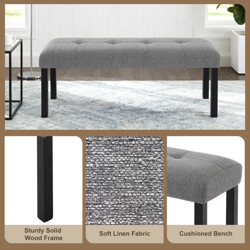 Modern Tufted Linen Dining Bench, Farmhouse Upholstered Entryway Bench with Black Rubber Wood Legs, Versatile for Kitchen, Bedroom, Hallway - Image 5