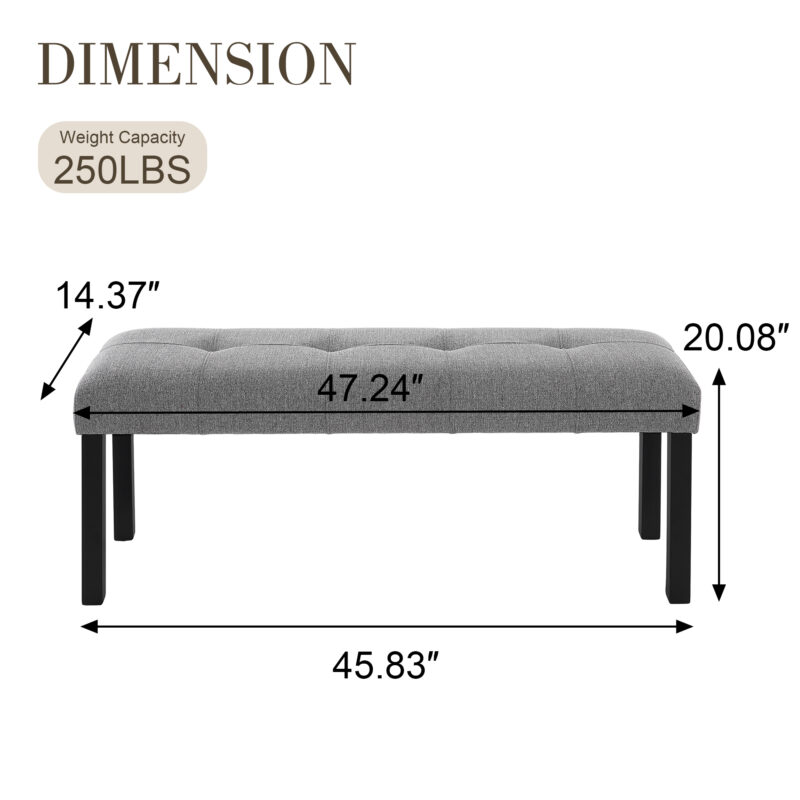 Modern Tufted Linen Dining Bench, Farmhouse Upholstered Entryway Bench with Black Rubber Wood Legs, Versatile for Kitchen, Bedroom, Hallway - Image 6