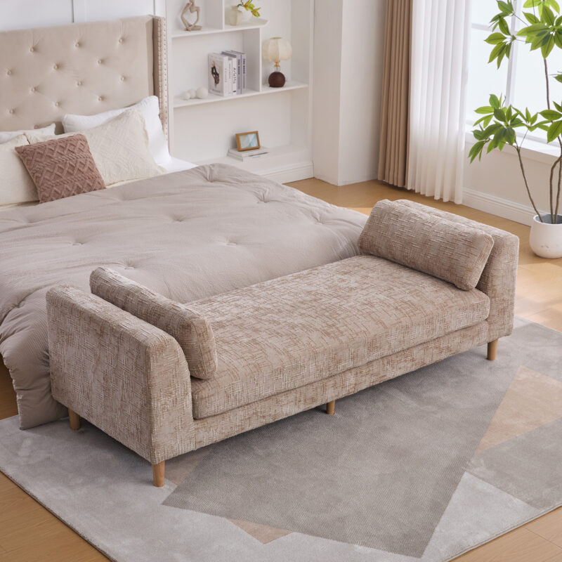 83.1"Wide Modern Upholstered End of Bed Bench with Armrests, Chenille Chaise Lounge Couch with 2 Bolster Pillows, Daybed with Rubberwood Legs For Living Room,Bedroom,Apartment,Guestroom - Image 2