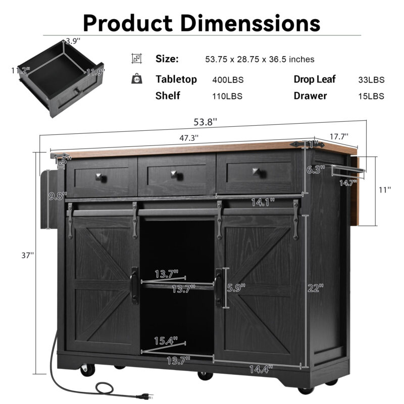 K&K 53.7" Farmhouse Kitchen Island with Power Outlet, 2 Sliding Barn Door Kitchen Storage Island with Drop Leaf, Spice Rack Rolling Kitchen Cart on Wheels, for Home, Kitchen and Dining Room - Image 21
