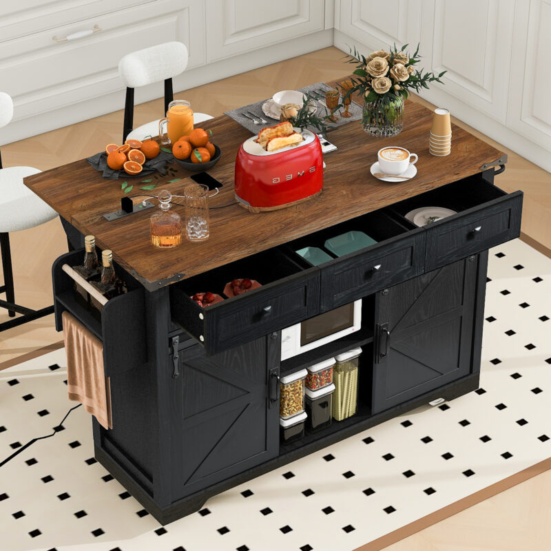 K&K 53.7" Farmhouse Kitchen Island with Power Outlet, 2 Sliding Barn Door Kitchen Storage Island with Drop Leaf, Spice Rack Rolling Kitchen Cart on Wheels, for Home, Kitchen and Dining Room - Image 19