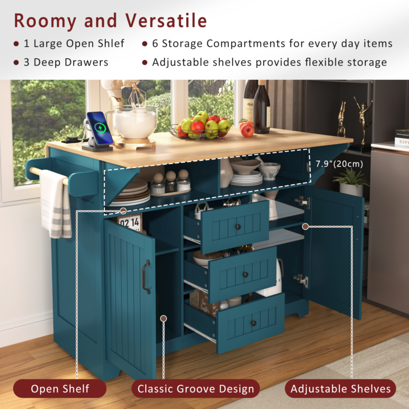 K&K 55.7'' Large Kitchen Island with 2 Drop Leaf,, Rolling Kitchen Cart on 5 Wheels with Power Outlet, Folding Storage Dining Table with Spice & Towel Rack , 3 Drawers, for Kitchen, Dining Room - Image 5
