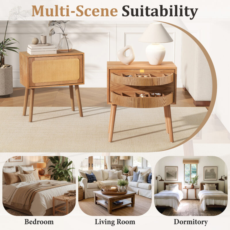 Rotating Hidden Compartment Nightstands, Mid Century Modern Concealment Furniture, Rattan Bed Side Table, Compartment End Table with Wood Legs, Bedside Tables for Bedroom, Living Room, Dorm - Image 5