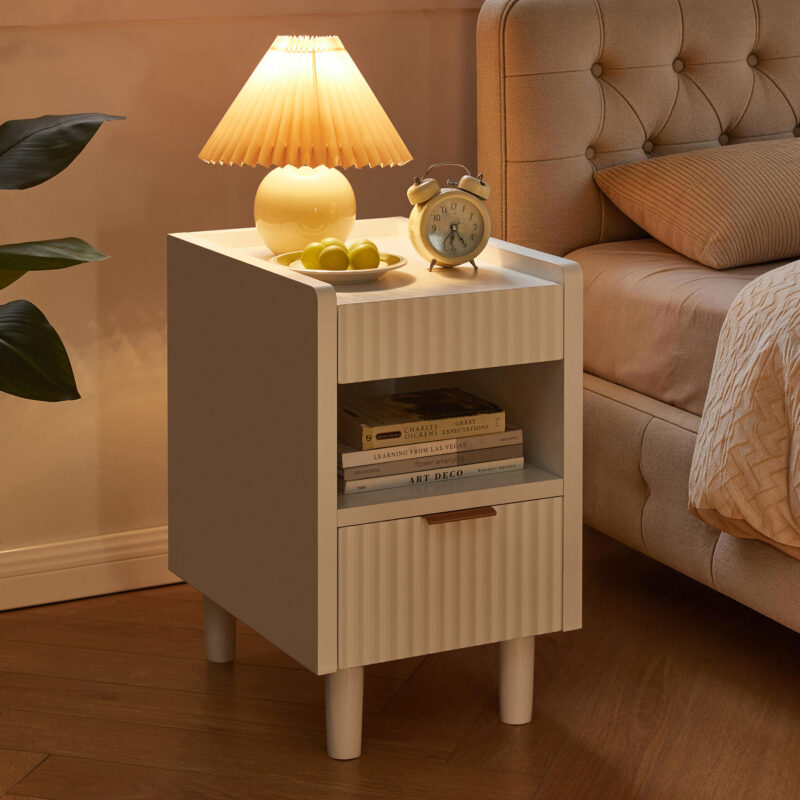 White Fluted Wood Nightstands with Drawer and Open Storage, 2 Pack Modern Bedroom Bedside Side End Tables for Living Room Home Decor - Image 19