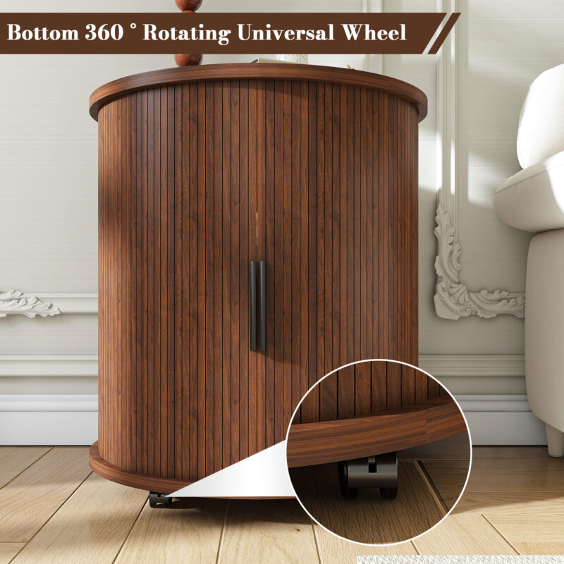 Mid Century Modern Cylinder End Table with Built-in Charging Station & Sliding Door, 2-Tier Storage Round Nightstand with USB Ports, Walnut Bedside Table for Living Room, Bedroom, Entryway - Image 2