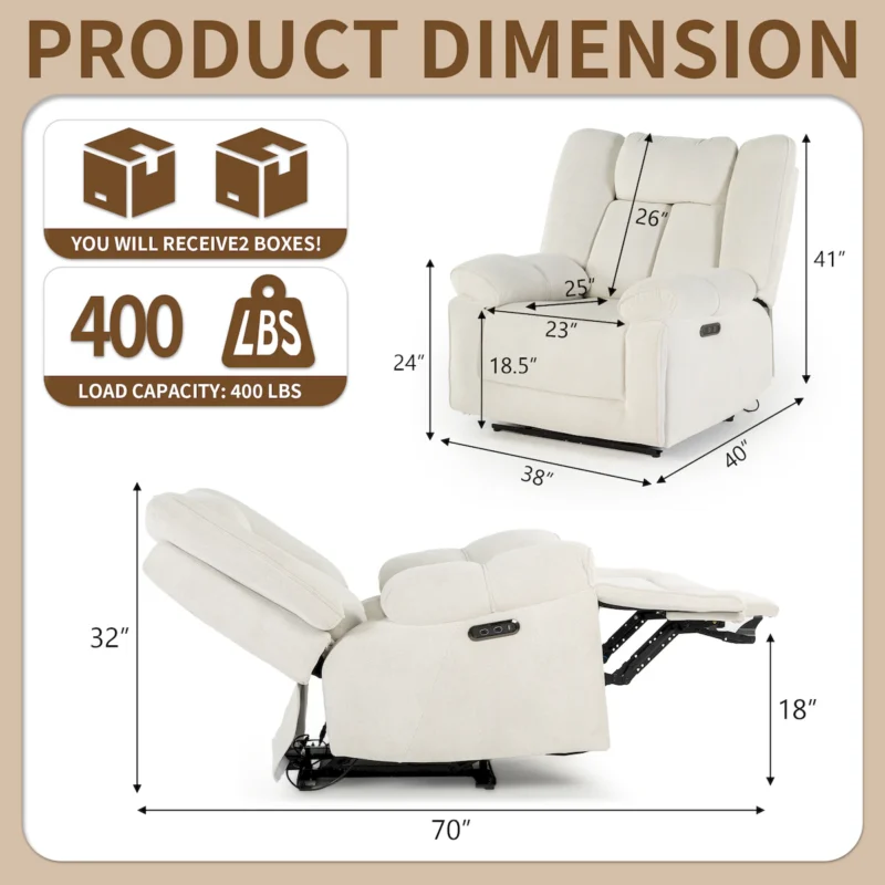 400 LBS Big and Tall Power Recliner, Dual Motor, USB-C, Oversized Chair - Image 7
