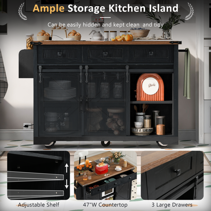 K&K 53.7" Farmhouse Kitchen Island with Power Outlet, 2 Sliding Barn Door Kitchen Storage Island with Drop Leaf, Spice Rack Rolling Kitchen Cart on Wheels, for Home, Kitchen and Dining Room - Image 18