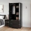 2 Door Wood Wardrobe for Bedroom with Hanging Clothing Rod inside the Cabinet and 2 Drawers for Storage Organization, Built-in induction light Multifunctional Closet with Mirror - Image 7