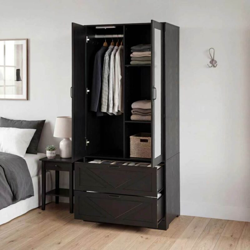 2 Door Wood Wardrobe for Bedroom with Hanging Clothing Rod inside the Cabinet and 2 Drawers for Storage Organization, Built-in induction light Multifunctional Closet with Mirror - Image 7