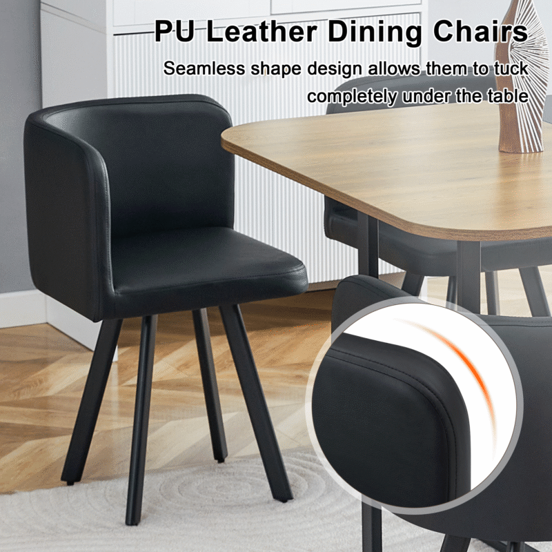 7-Piece Dining Table Set for 6, 1 Table & 6 Black PU Upholstered Chairs, Black & Wood Grain Melamine Table, Modern Kitchen Nook Set for Dining Room, Apartment & Small Space - Image 8