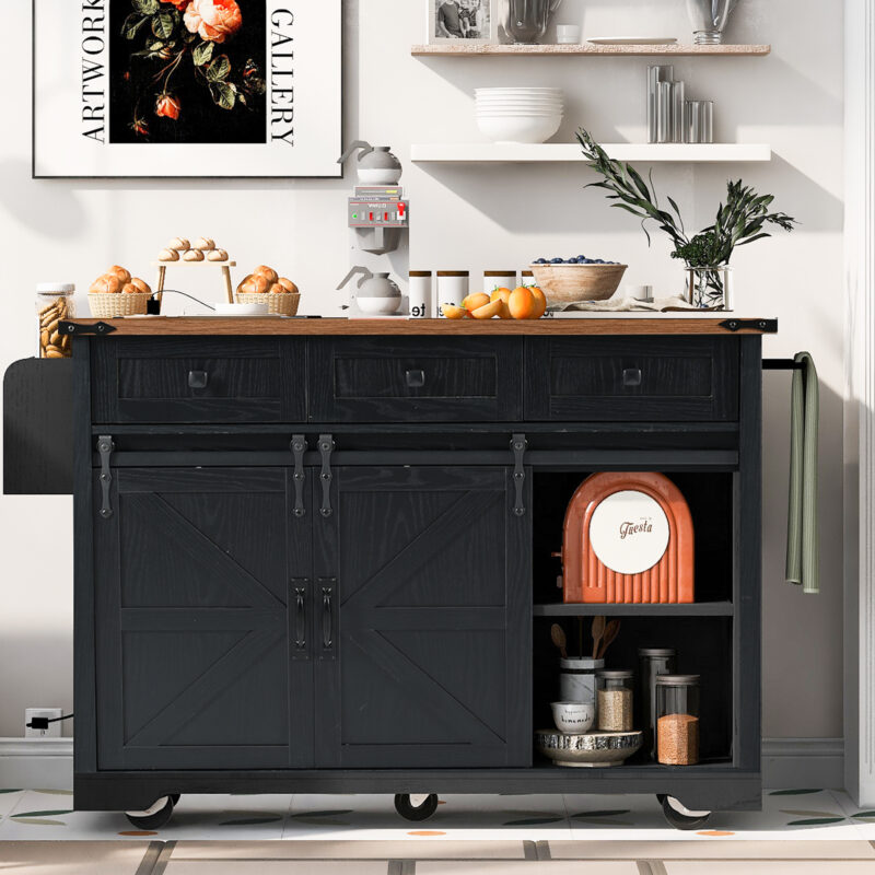 K&K 53.7" Farmhouse Kitchen Island with Power Outlet, 2 Sliding Barn Door Kitchen Storage Island with Drop Leaf, Spice Rack Rolling Kitchen Cart on Wheels, for Home, Kitchen and Dining Room - Image 16