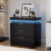 Nightstand with Charging Station and LED Lights,Night Stand with Sliding Top for Bedroom,Bedside Table with Drawers,Modern End Side Table