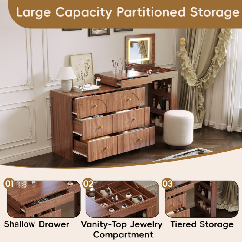 Vanity Desk with Mirror and Lights, Makeup Vanity Table with Flip-Top Tabletop and Storage 7 Drawers, 9 Compartments, 3 Shelves, 3 Color Modes Adjustable Makeup Table for Bedroom - Image 3