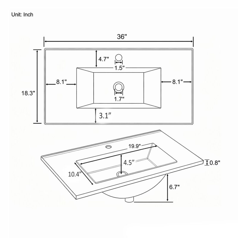 36" Ceramic Basin Sink, 0.8" Ultra-Thin Profile, Single Faucet Hole, Sink Only, Cabinet Not Included, Compatible With Drawer Bathroom Vanity Cabinets, White - Image 4