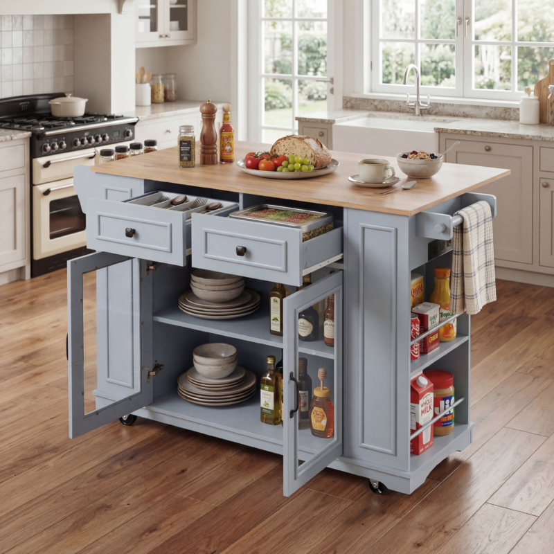 54" Mobile Kitchen Island with Glass Door Storage, Power Outlet & Open Shelves, Rolling Kitchen Cart with Towel Rack, Spice Rack & Knife Holder, Functional Kitchen Prep Table for Kitchen, Dining - Image 2