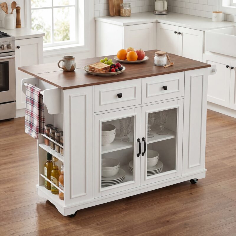 54" Mobile Kitchen Island with Glass Door Storage, Power Outlet & Open Shelves, Rolling Kitchen Cart with Towel Rack, Spice Rack & Knife Holder, Functional Kitchen Prep Table for Kitchen, Dining - Image 15