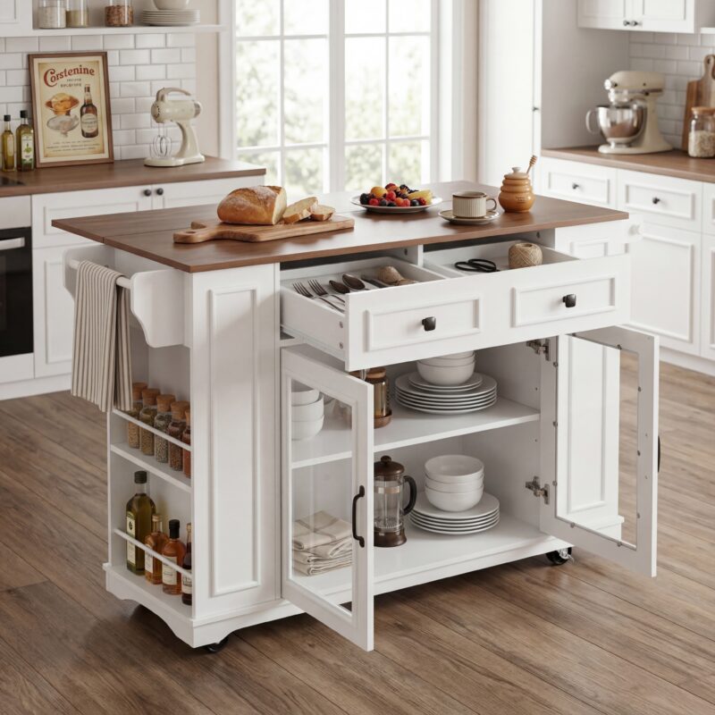 54" Mobile Kitchen Island with Glass Door Storage, Power Outlet & Open Shelves, Rolling Kitchen Cart with Towel Rack, Spice Rack & Knife Holder, Functional Kitchen Prep Table for Kitchen, Dining - Image 14