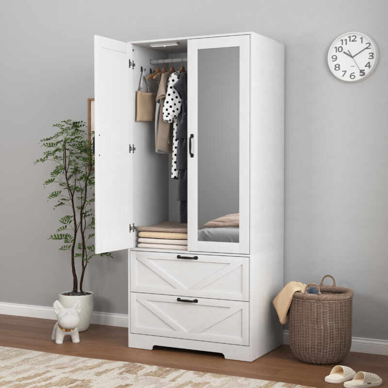 2 Door Wood Wardrobe for Bedroom with Hanging Clothing Rod inside the Cabinet and 2 Drawers for Storage Organization, Built-in induction light Multifunctional Closet with Mirror - Image 3